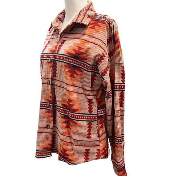 Savanna Jane Aztec Print Corduroy Shacket Size Small Pockets Orange Red Blue - Picture 2 of 11